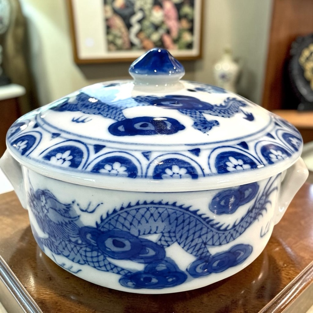 Vintage Blue White Dragon Porcelain Trinket Dish Covered Bowl Jar Oriental Decor